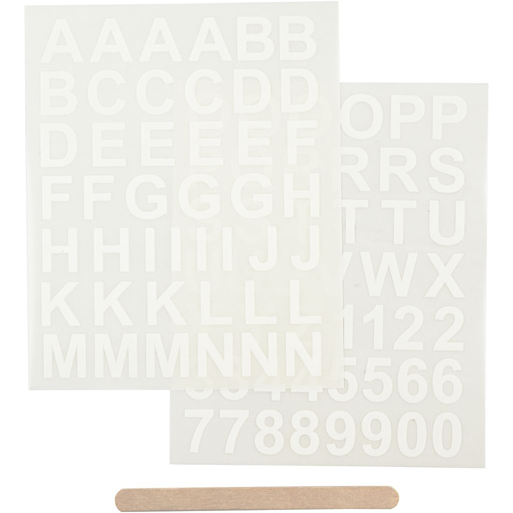 Rub on stickers, hvid, bogstaver og tal, H: 17 mm, 12,2x15,3 cm, 1 pk.