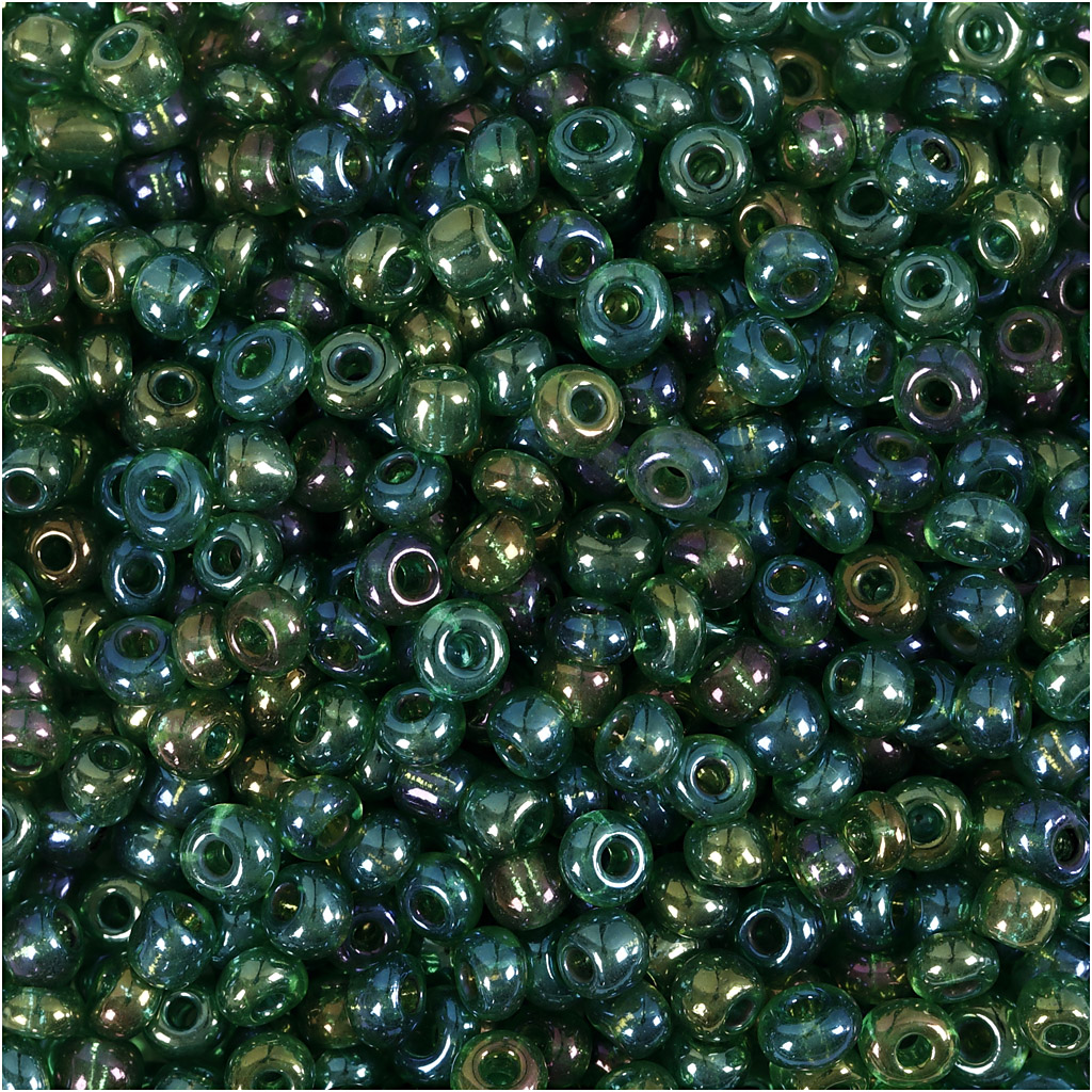 Rocaiperler, grøn olie, diam. 3 mm, str. 8/0 , hulstr. 0,6-1,0 mm, 25 g/ 1 pk.
