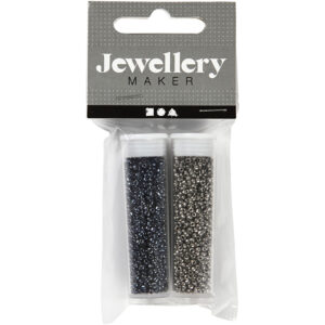 Rocaiperler, sort, mørk grå metallic, diam. 1,7 mm, str. 15/0 , hulstr. 0,5-0,8 mm, 2x7 g/ 1 pk.